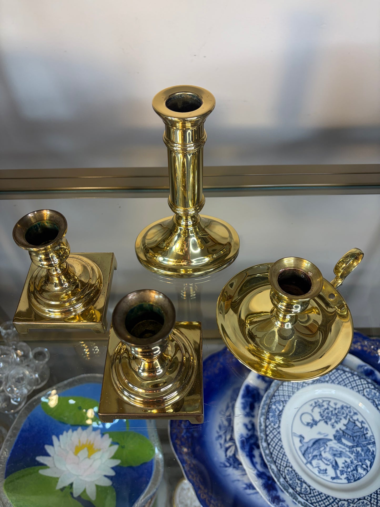 Lovely brass candleholders set of 4! Two marked Baldwin Brass!
