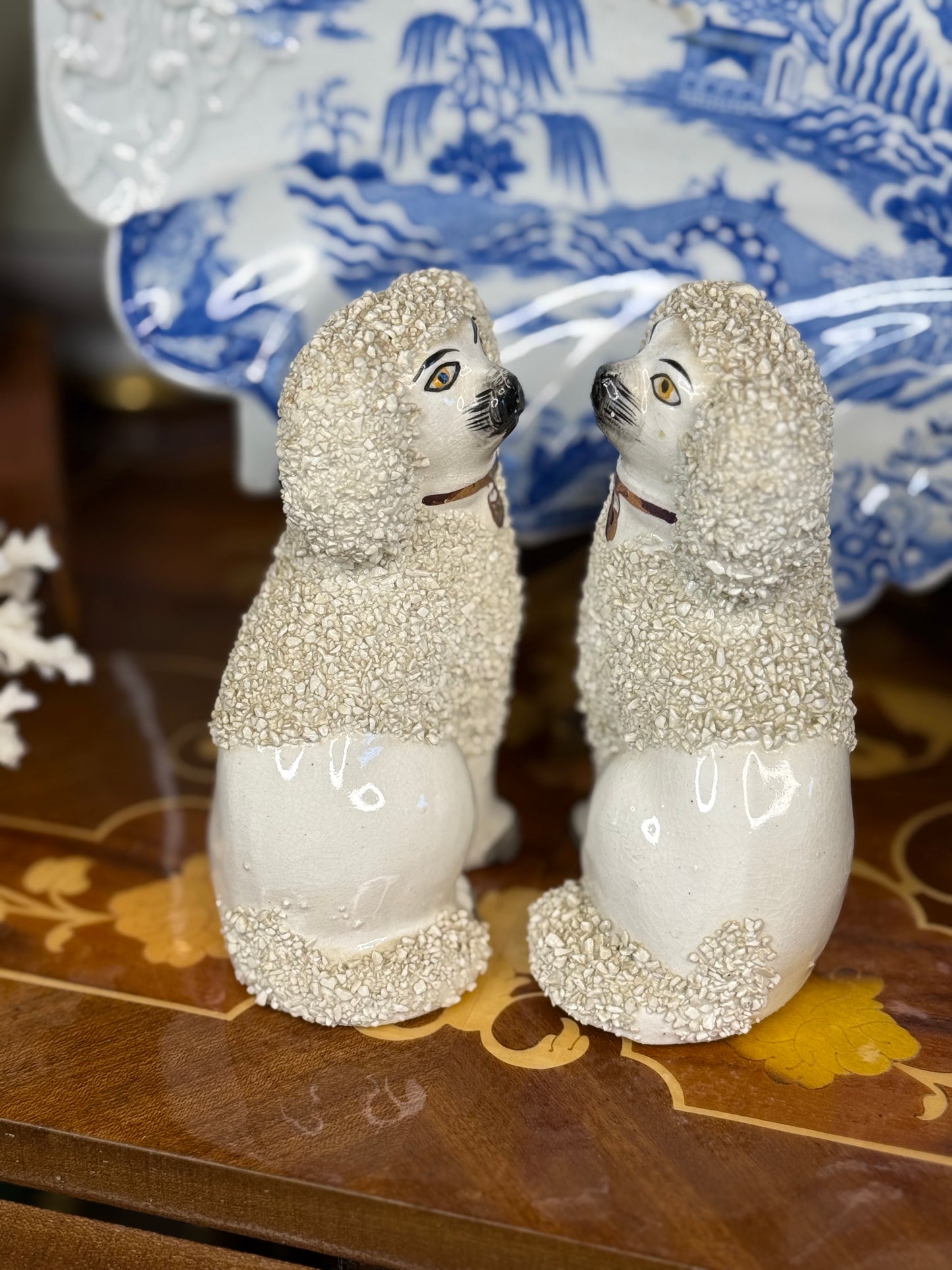 Pair of Sanded English Pottery Poodles 1920s, 4.5” Tall - Pristine!