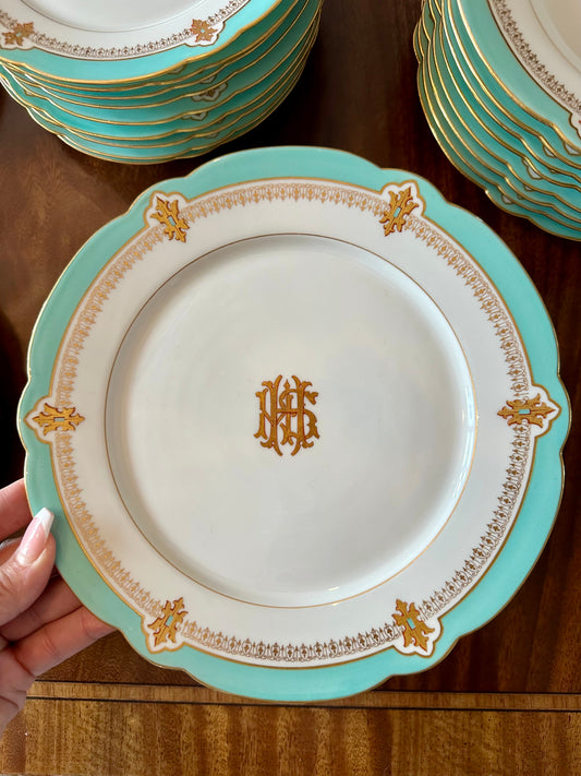 Antique 19thc French Paris Porcelain Turquoise Blue Monogrammed C.H. Pillivuyt Plates Bowls