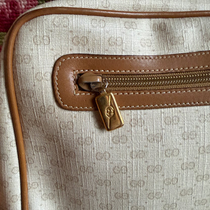 Vintage Gucci GG Monogram Neutral Cream Brown Leather Trim Crossbody Handbag