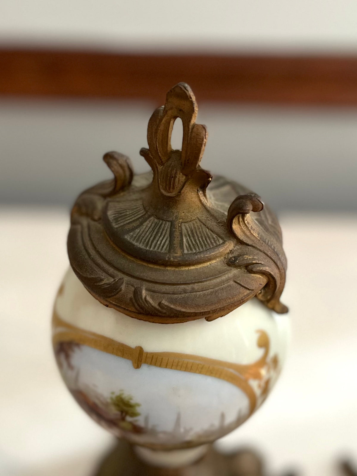 Pair of French Hand-Painted Pastoral Porcelain & Bronze Garniture Urns