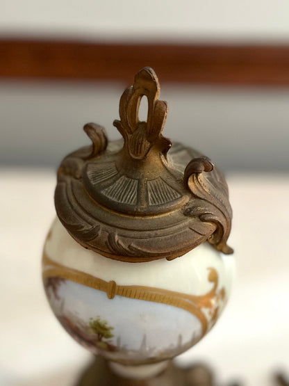 Pair of French Hand-Painted Pastoral Porcelain & Bronze Garniture Urns