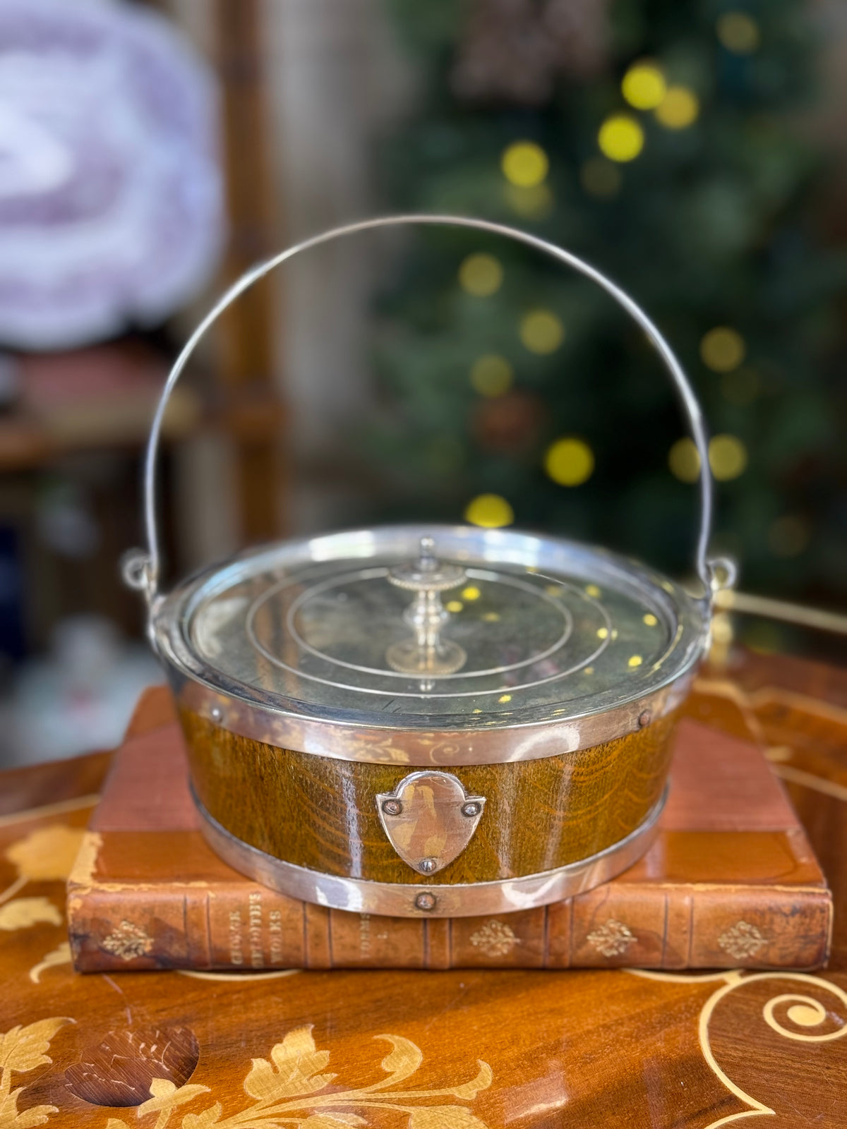RESERVED - LADYCHRISTA67- Antique Daniel & Arter English Oak & Silver Plate Butter Dish | Birmingham c.1890 | 6”