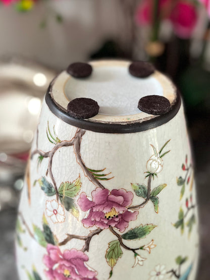 Gorgeous Large Antique Chinese Famille Rose Enamel Vase with Birds & Blossoms, Rolled Brown Rim