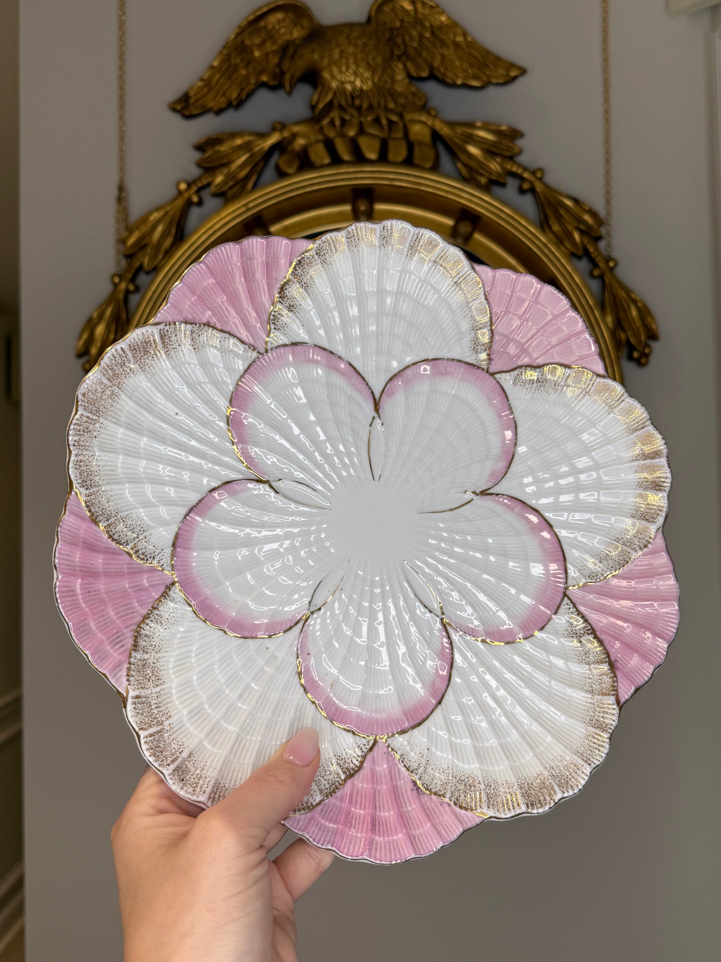 Antique German Porcelain Oyster Plate | Pink, White & Gold Radial Shell Arrangement | 10.5” Diameter