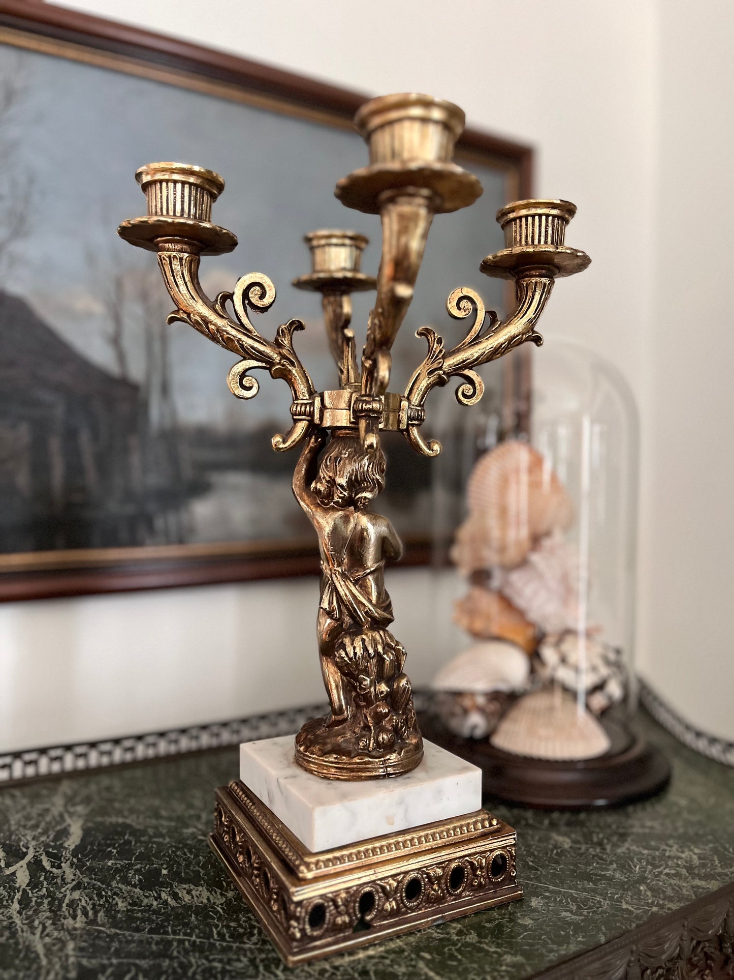 Chateau Style Gilt Cherub Candelabra - 4 Arms With Marble Plinth