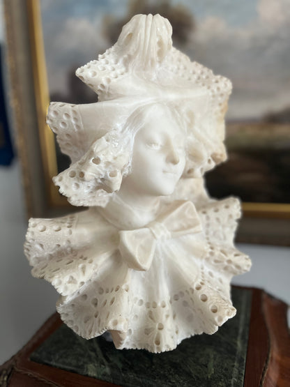 Whisper of Lace — Intricate Detailed Victorian Alabaster Lady Bust on Marble Plinth Circa 1880-1910 - 15”