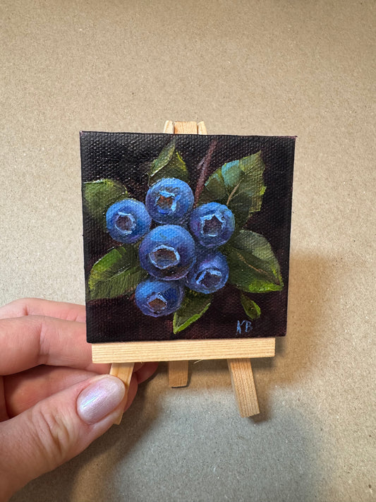 Live 06/19 mini art blueberries #2 original oil paintings on stretched canvas 3x3”
