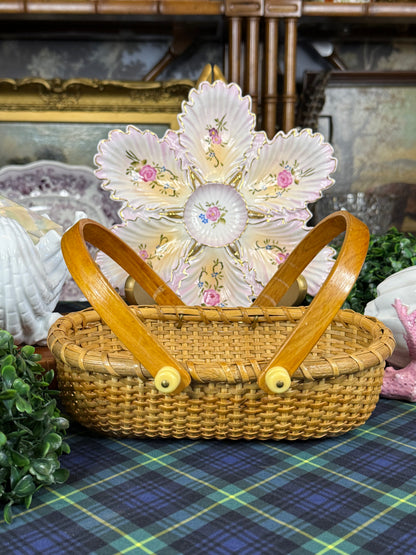 Vintage Nantucket-Style Woven Cane Basket with Double Bentwood Handles | Mid-Century