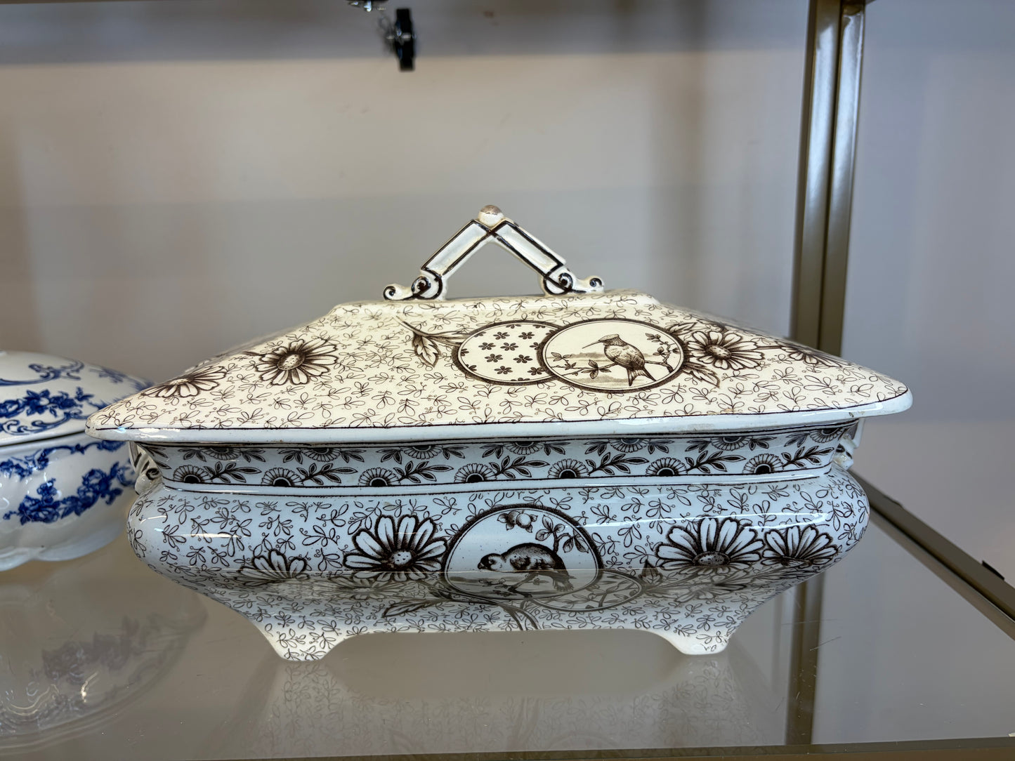 Stunning antique Ridgways brown transferware lidded tureen featuring birds! As is!