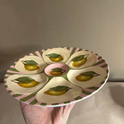 Lemon pink and green stripes oyster plate hand painted