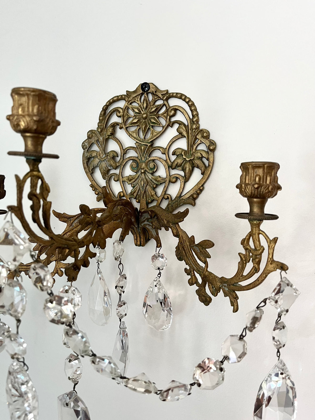 RESERVED -  laina.pkp - Live 09/08 Stunning Pair of Antique French Bronze Crystal Two-Arm Wall Sconces | Ornate Louis XV Style