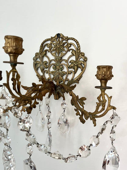 RESERVED -  laina.pkp - Live 09/08 Stunning Pair of Antique French Bronze Crystal Two-Arm Wall Sconces | Ornate Louis XV Style