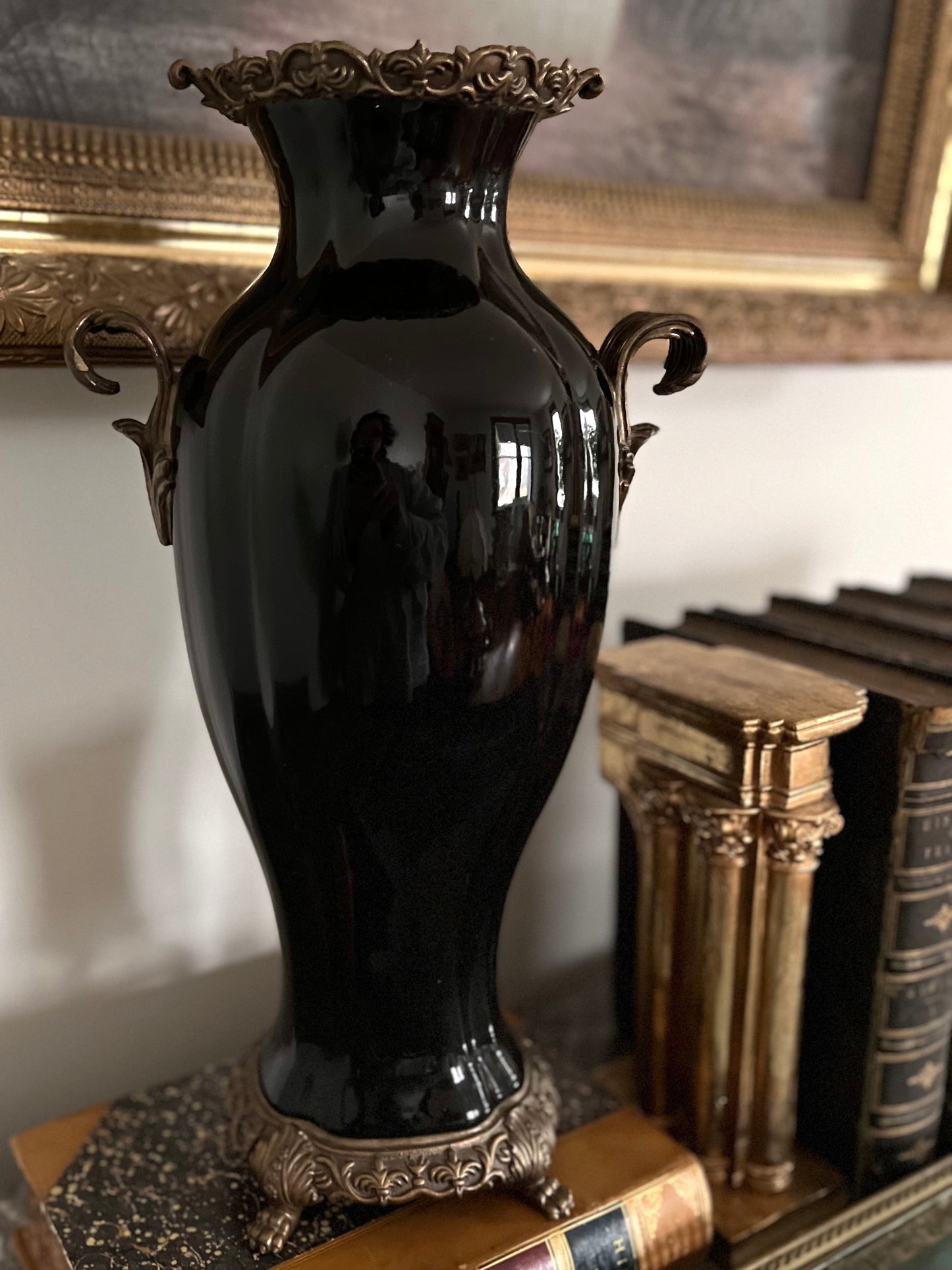 Reserved SP Grand Castilian Bronze-Mounted Black Vase | Spanish Revival Elegance