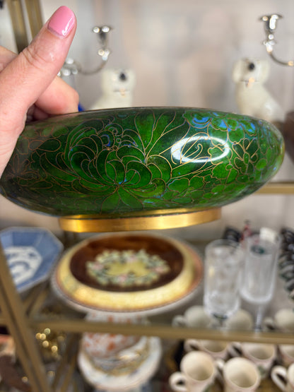 Gorgeous cloisonné green bowl featuring a bouquet and brass rim!