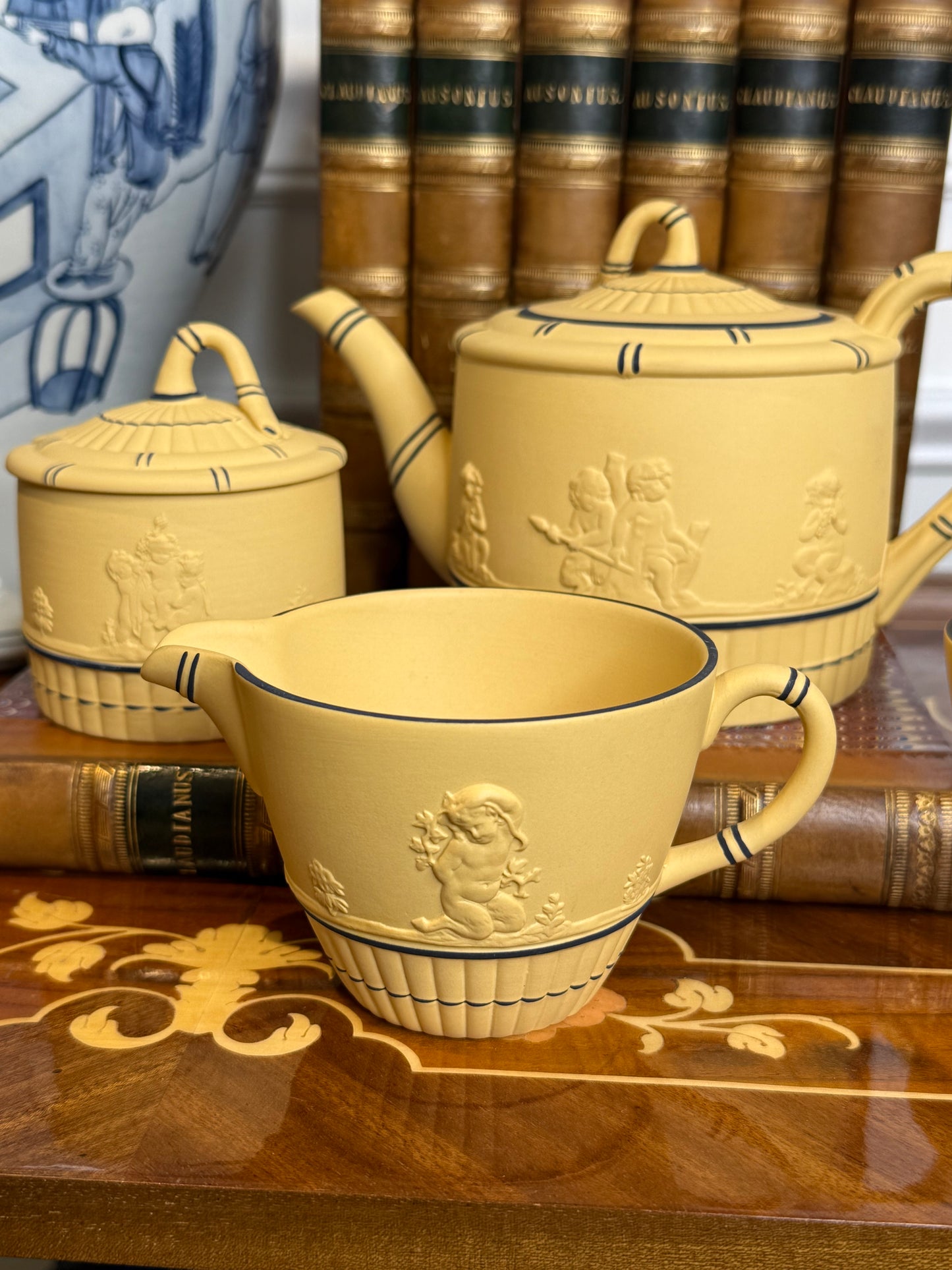 Vintage Wedgwood Black on Cane Jasperware 5-Piece Coffee Service | 3-Cup Coffee Pot, Covered & Open Sugars