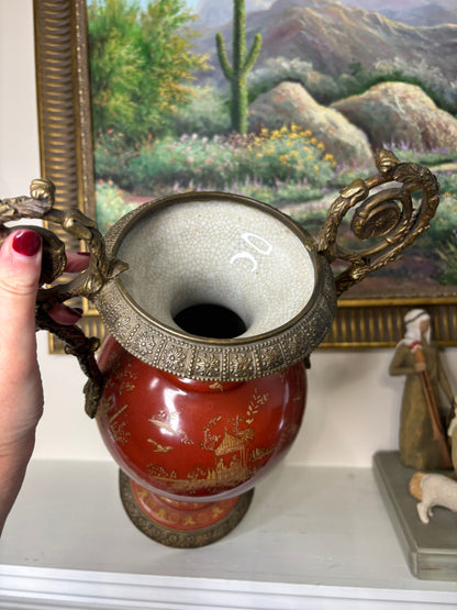 Gorgeous red and gold 18” vase with bronze ormolu handles and base!