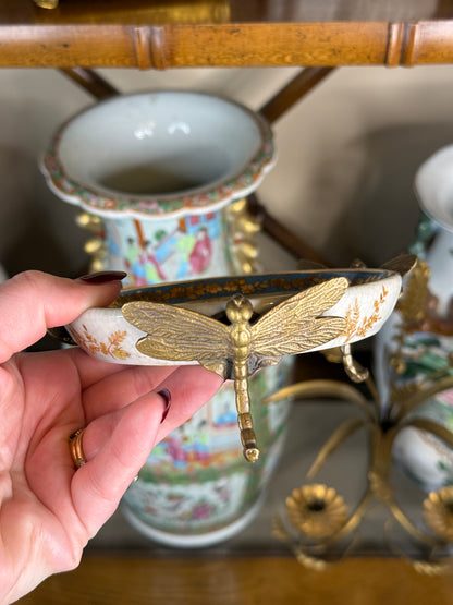 Danny’s Fine Porcelain - Dish with Dragonfly Handles – Hand-Painted Parrots & Gilded Accents