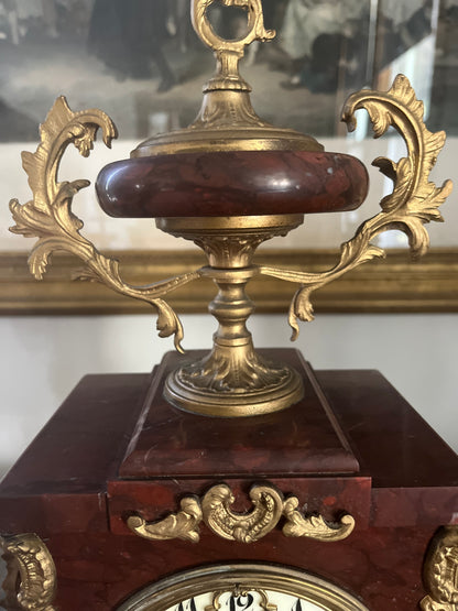 Exceptional Antique Rococo S. Marti France Rouge Griotte Marble And Bronze Ormulu Mantle Clock Circa 1860-1870