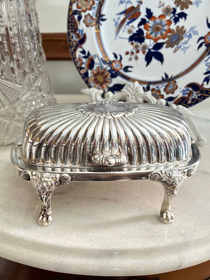 Live 09/20 Gorgous F.B. Rogers RococoSilverplate Roll-Top Butter Server with Lion’s Head Feet & Original Glass Insert