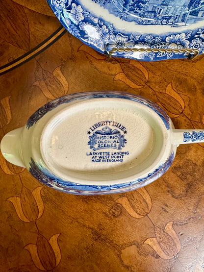 Vintage Liberty Blue Gravy Boat with Underplate | Enoch Wedgwood | Bicentennial Transferware