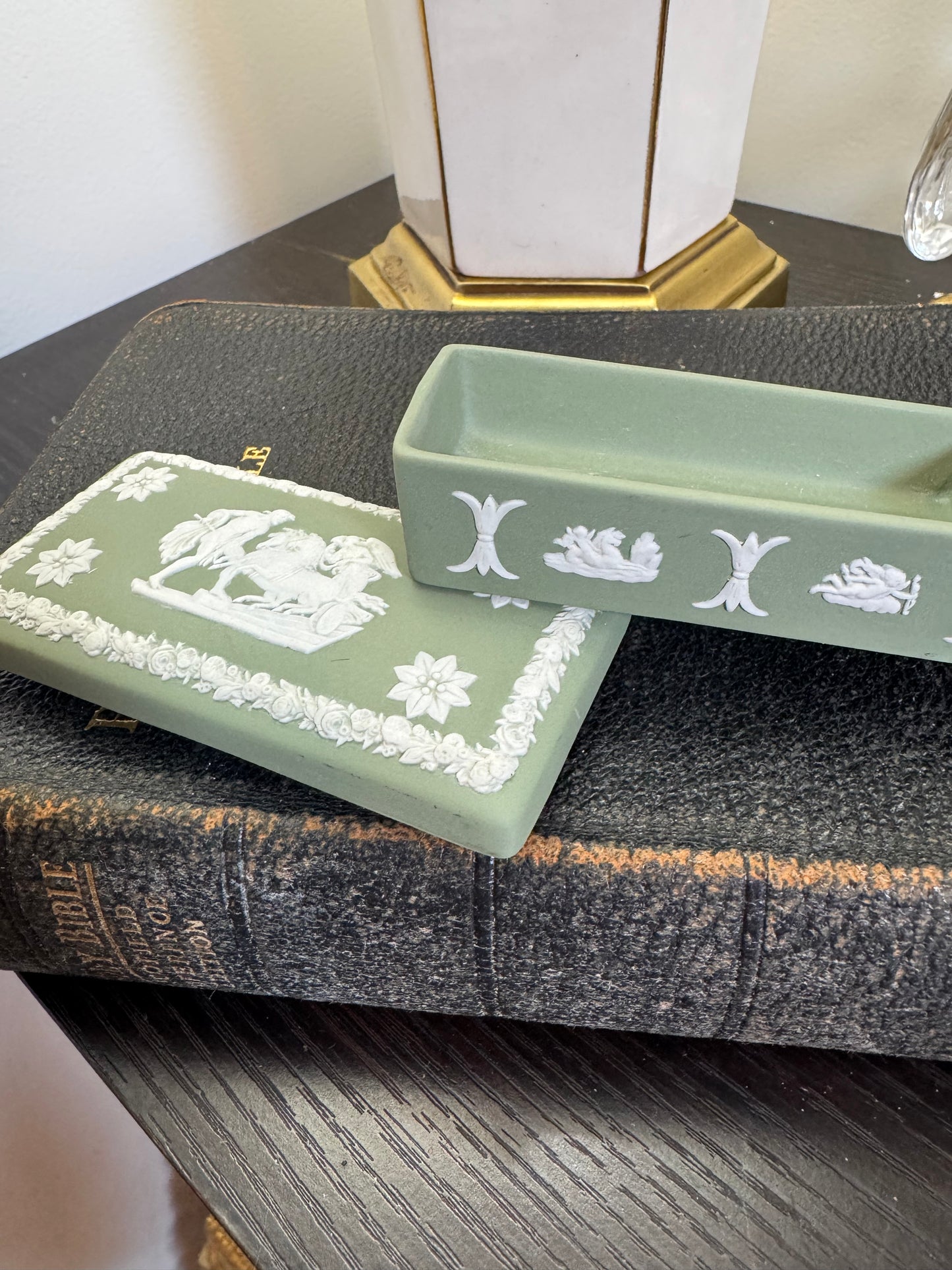 Wedgwood sage green and white rectangular lidded trinket box