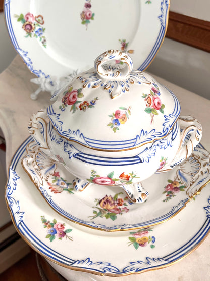Live 09/20 Beautiful Antique French Old Paris Porcelain Five-Piece Sauce Tureen & Plate Set, c.1830–1850