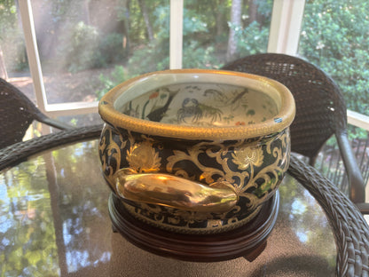 Stunning 18” Handpainted black and gold footbath  planter on stand!