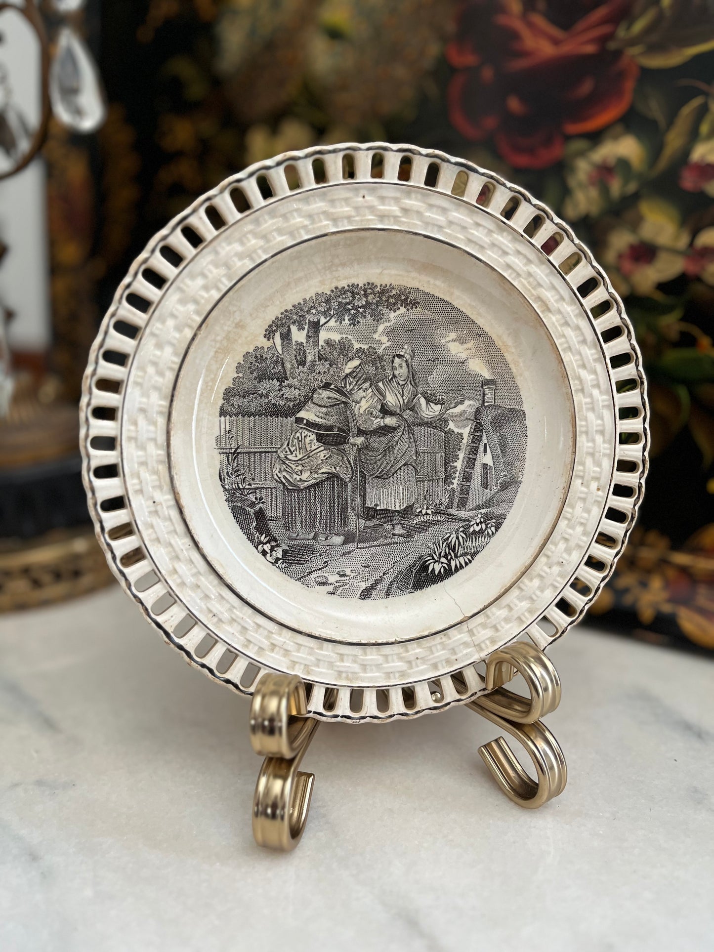 Early 19th Century Staffordshire Transferware Pierced Rim Plates – Romantic Pastoral Scenes – Set of Five, 8”