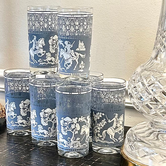 Set of 7 plus 8 blue and white mid century jasperware tumbler  glasses