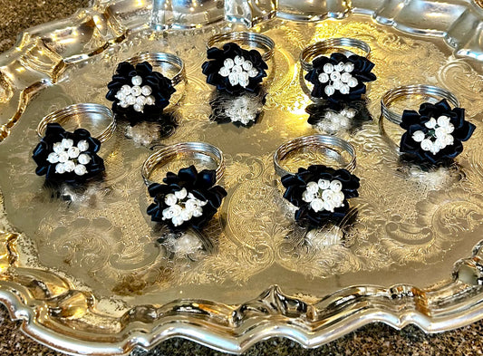 Set of 7 silver black flowered with lil pearl napkin ring holders