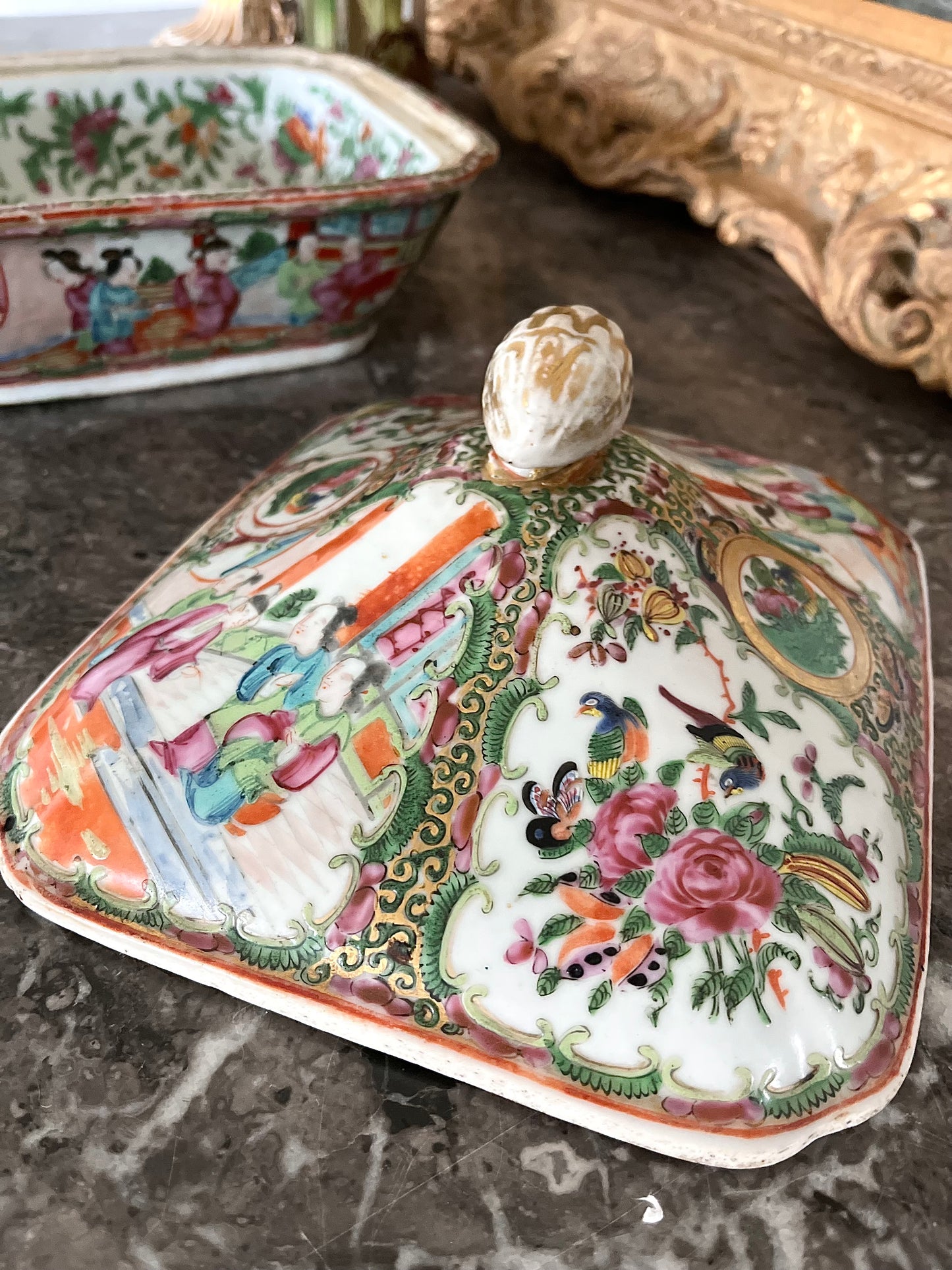 Rare Celadon/Floral-Interior Rose Medallion Covered Dish (19th C. Chinese Export)