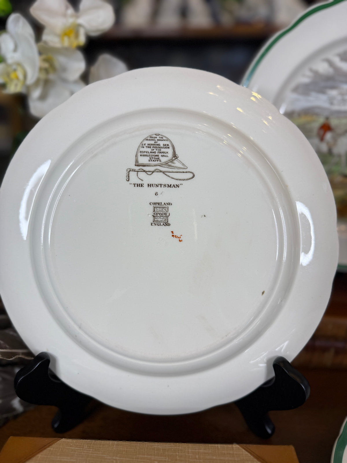 Vintage Spode “The Hunt” J.F. Herring Sr. Equestrian Hunting Plates, Set of 4, Green Trim, Scalloped Edge, England, 10” D | #DA4593