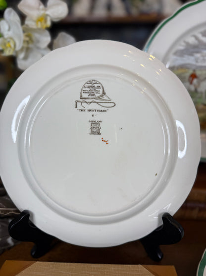 Vintage Spode “The Hunt” J.F. Herring Sr. Equestrian Hunting Plates, Set of 4, Green Trim, Scalloped Edge, England, 10” D | #DA4593
