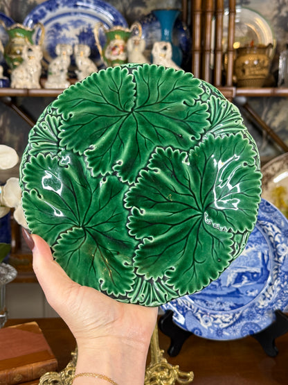 Antique Copeland Green Majolica Leaf Plate, Molded Botanical Design, English, c.1870–1890, 8.5” D | #DA4590