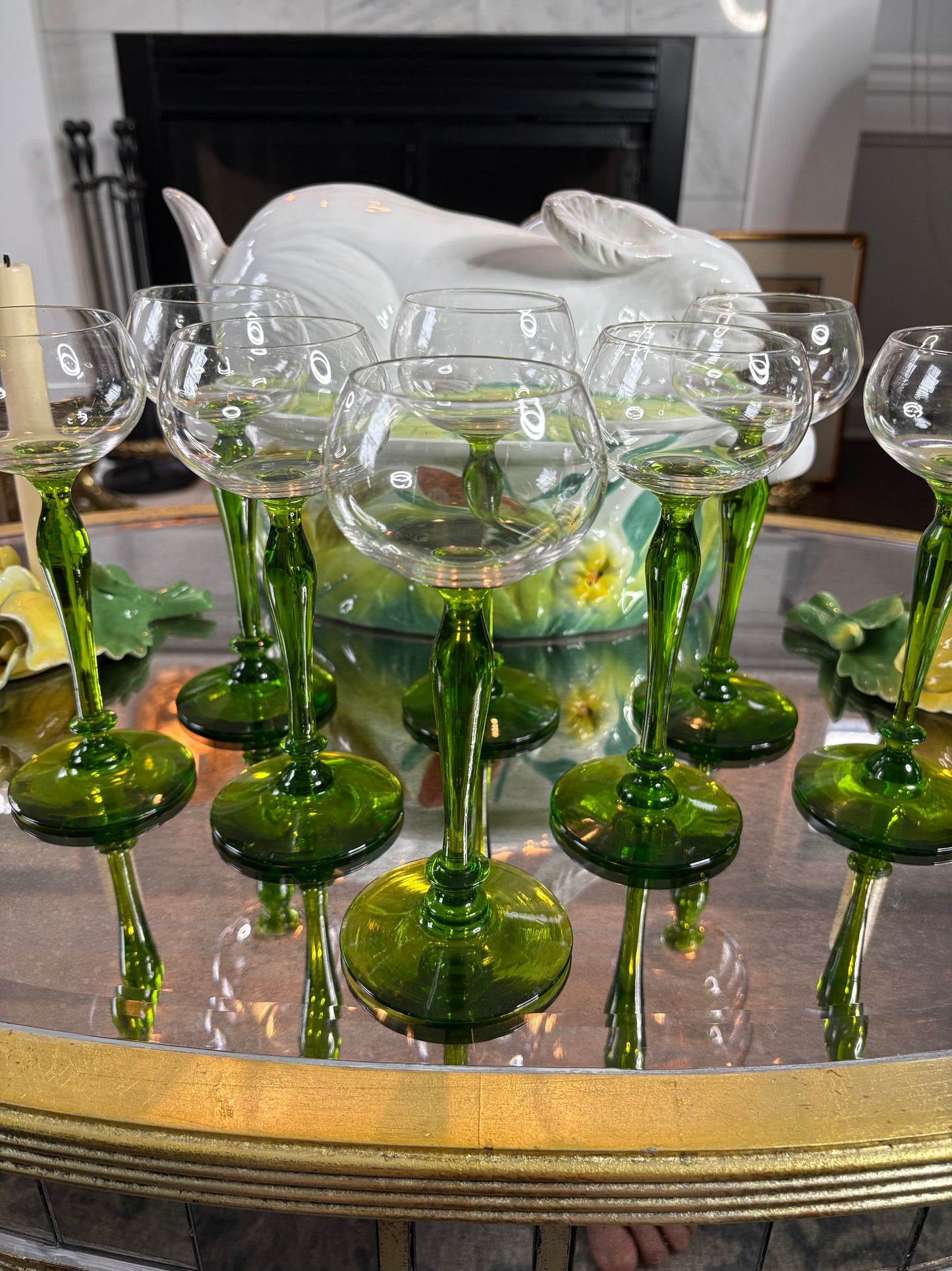 Set (8) Vintage Green Blown Stem Glasses