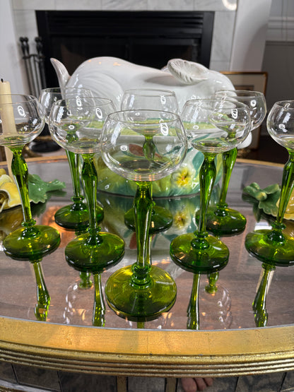 Set (8) Vintage Green Blown Stem Glasses