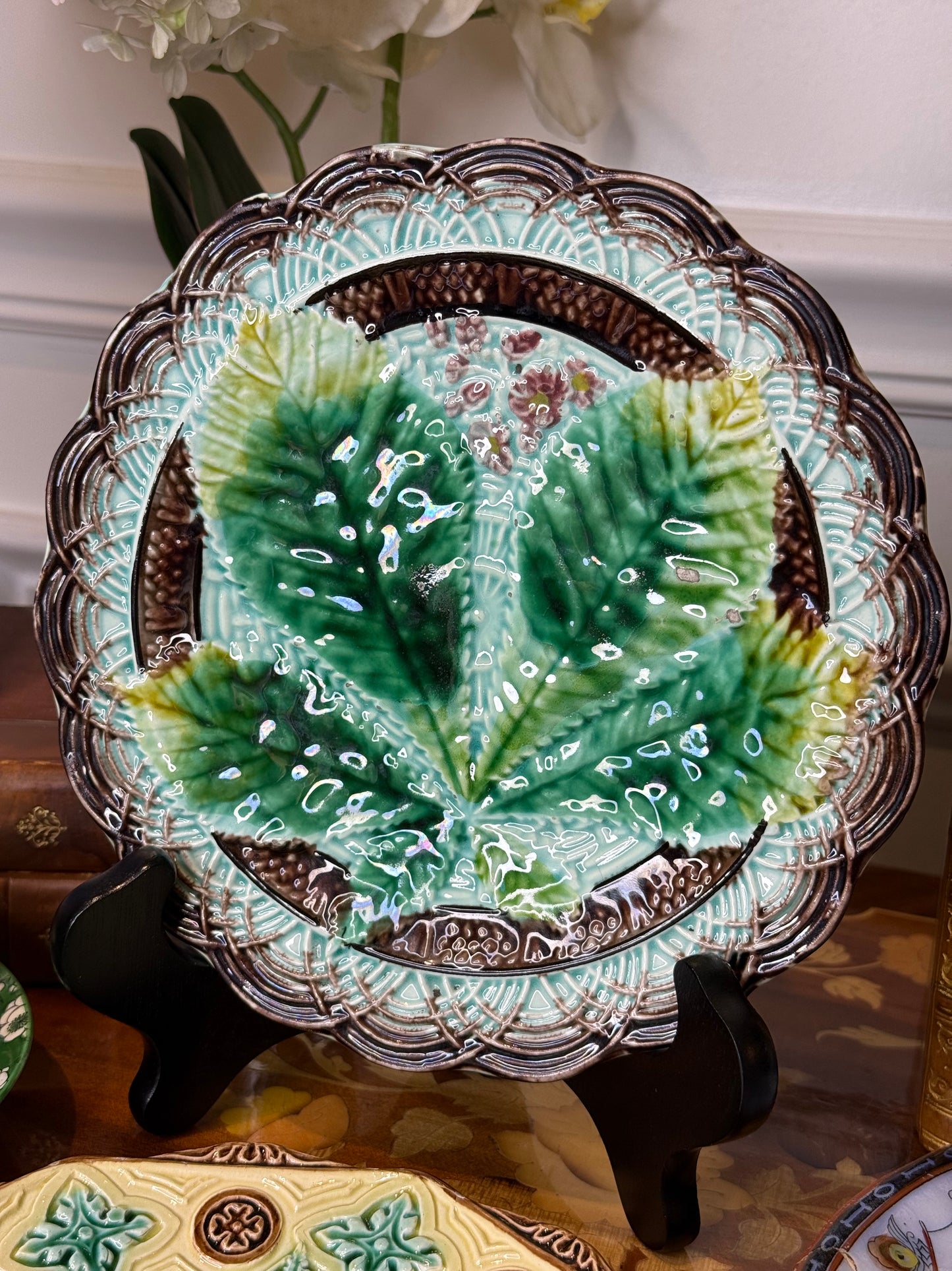 Pair of Antique English Majolica Botanical Plates | Grape Vine & Horse Chestnut Leaf | Victorian Cabinet Plates | 7¼” & 7¾”