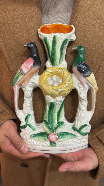 Antique 19th Century Staffordshire Bird Spill Vase with Nest | 12” Tall #DA4365