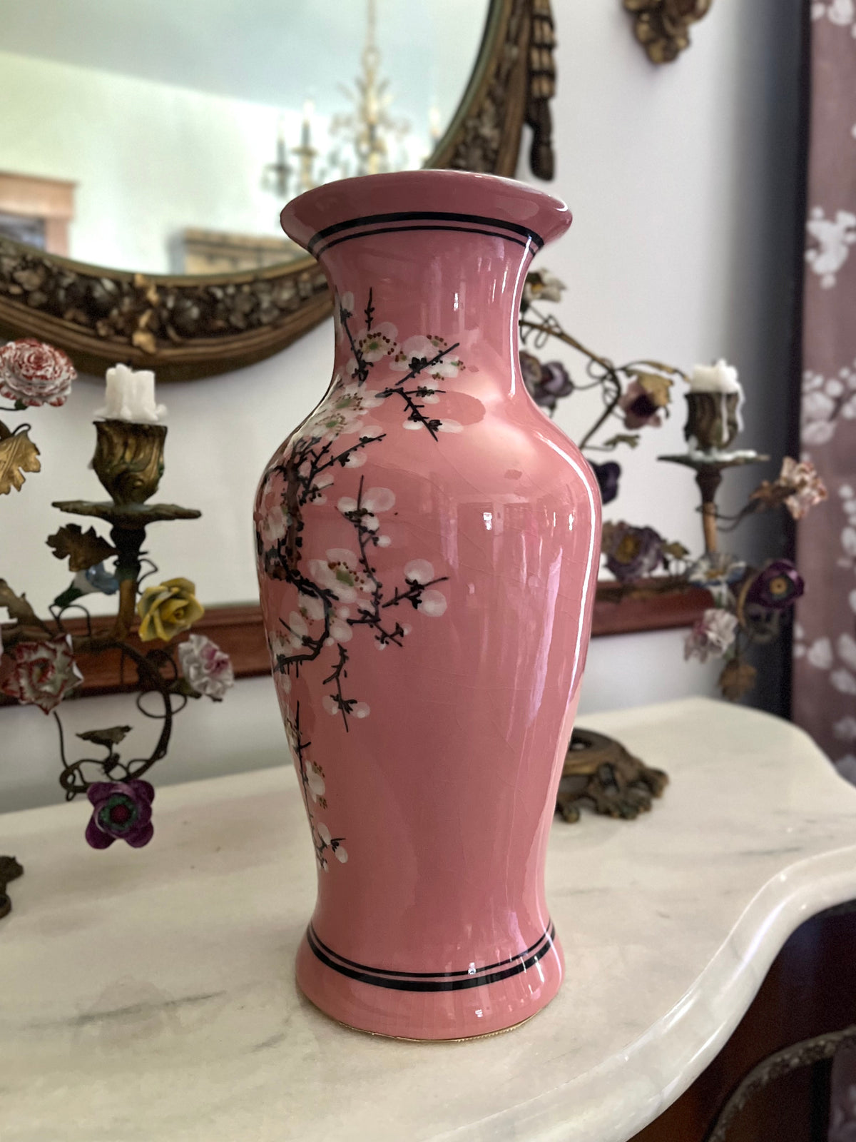 Gorgeous Pink Chinoiserie Hand Painted Enamel Birds And Blossoms Vase - Chinese Export