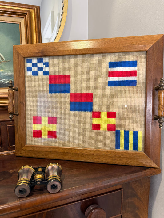 Vintage Nautical Flag Needlepoint on Solid Wood Double Handled Tray