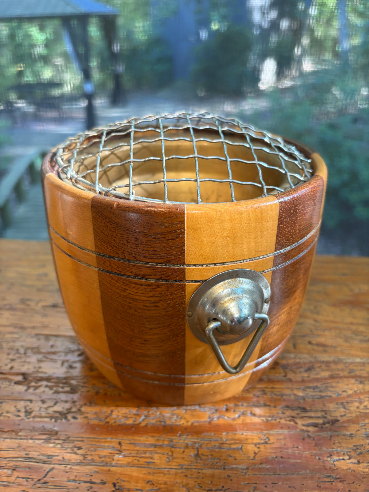 Vintage wooden bucket with flower frog!