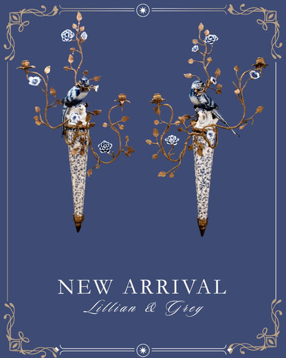 Danny’s Fine Porcelain | Pair Blue & White Bird Wall Candle Sconces – 22”x7”x30” | Porcelain & Bronze
