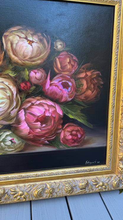 Large Peony Oil Painting in Ornate Gold Frame 44 x 36