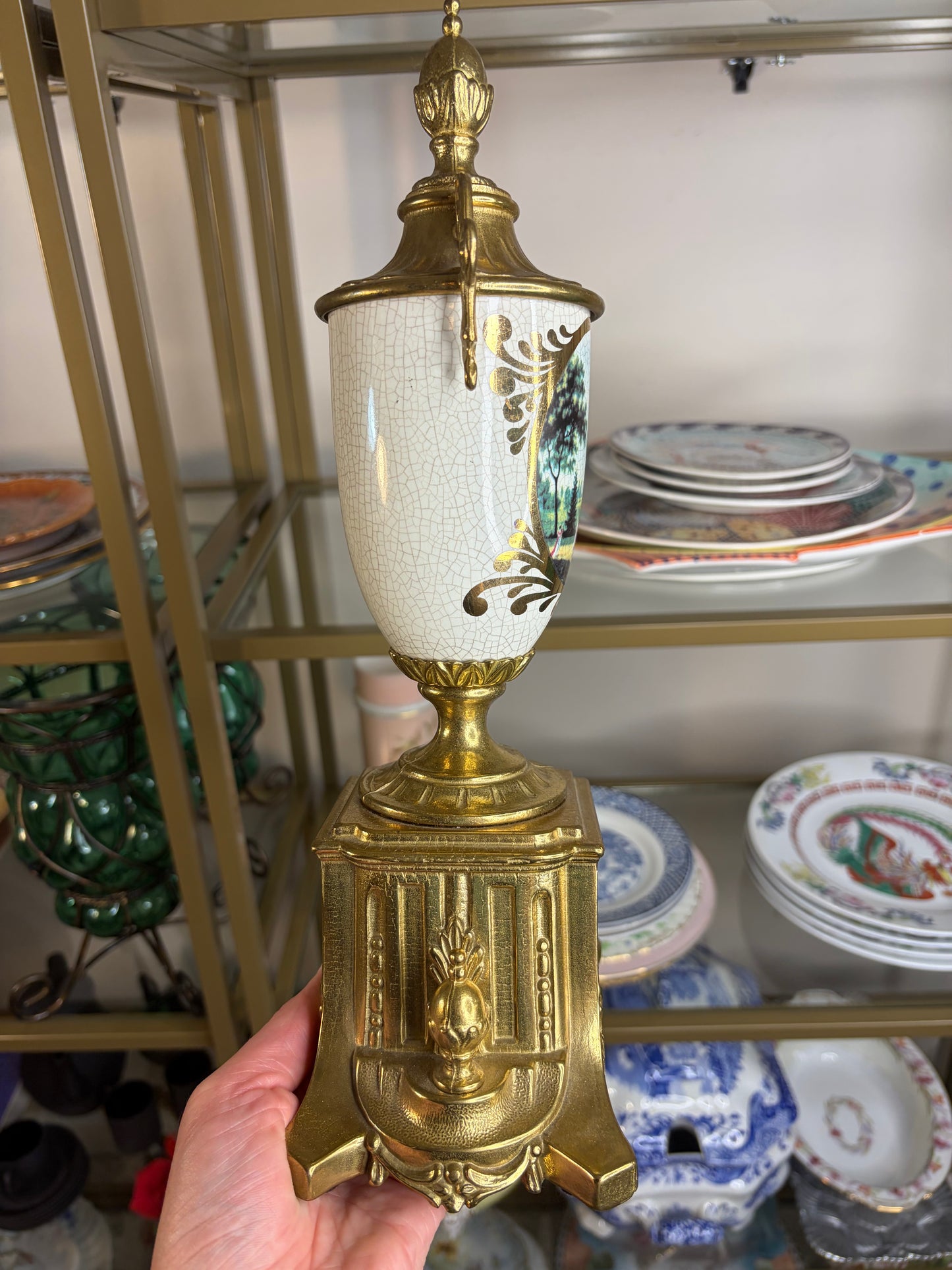 Gorgeous Italian urn with porcelain handpainted scenes and ornate brass details!