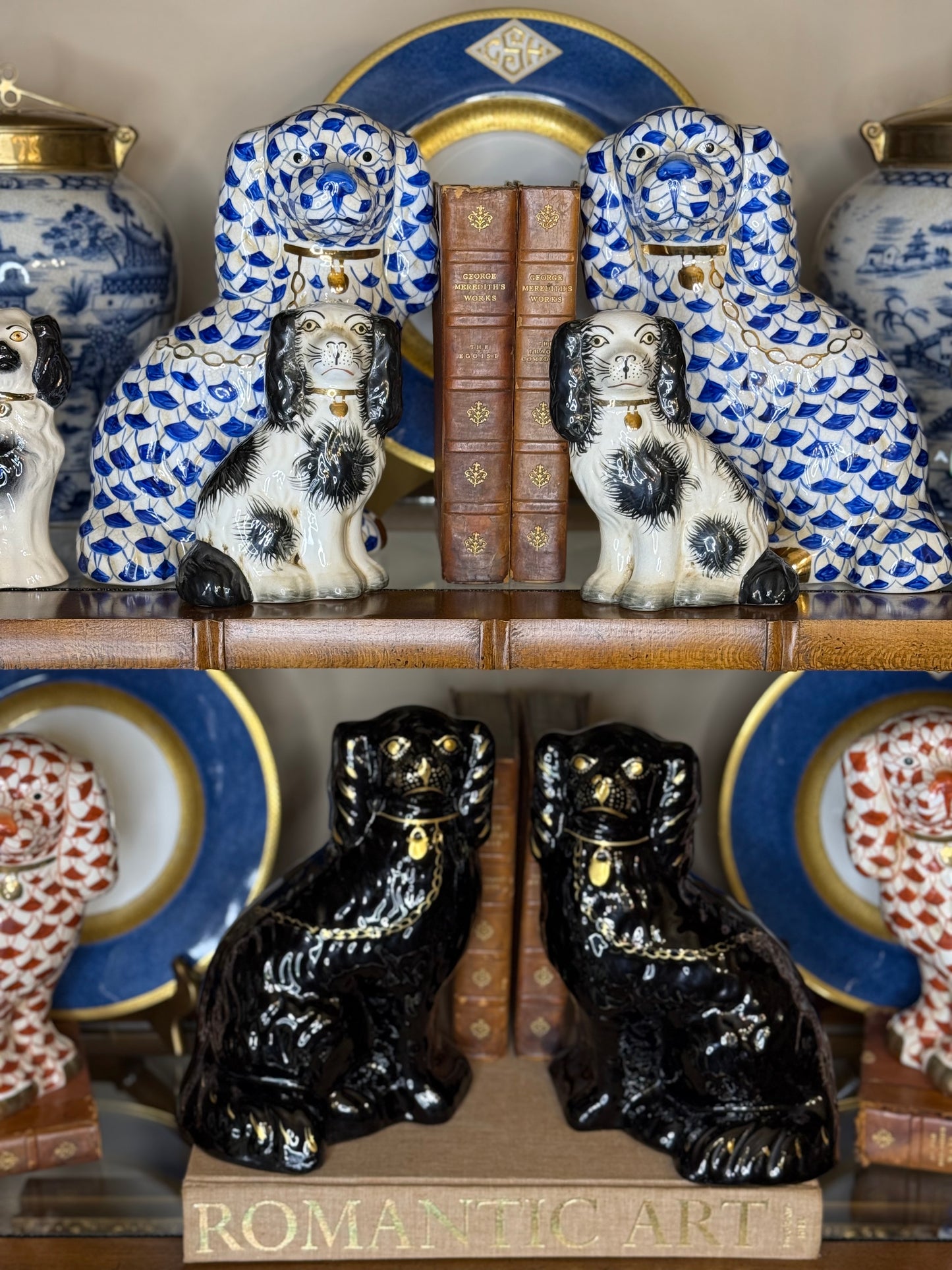 Danny’s Fine Porcelain: Black/White, 6” Tall Mantle Spaniel Dog Pair