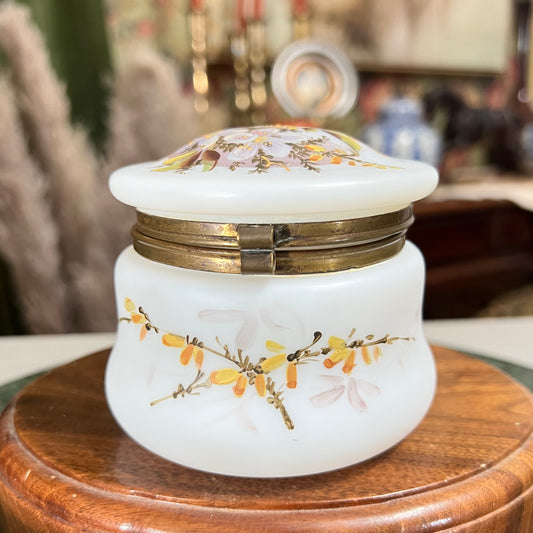 Antique Satin Opaline Hand Painted Floral Casket Box - Pristine!