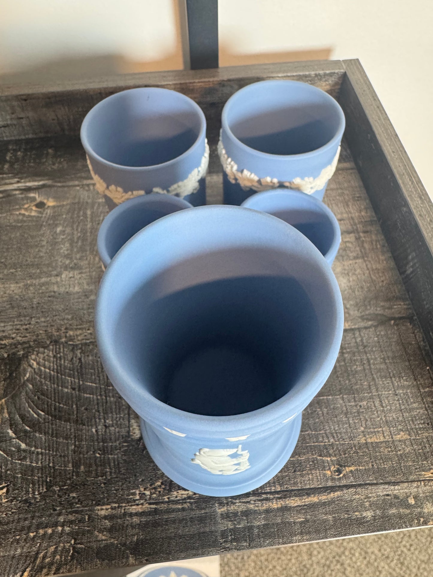 Light blue Wedgewood match holder 4” tall