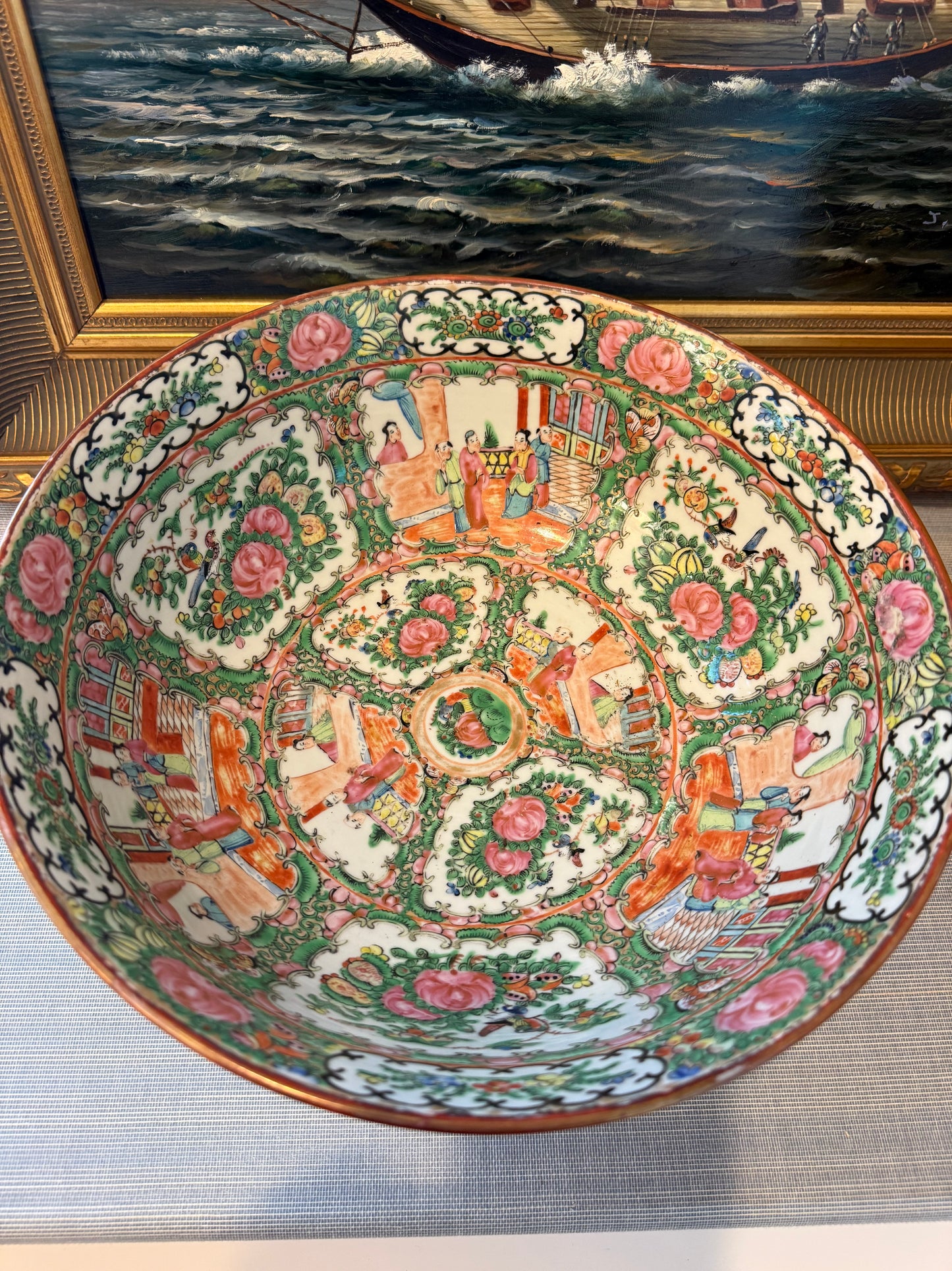 Vintage Rose Medallion 12” Large Hand Painted Punch Bowl with Wood Base Excellent Condition