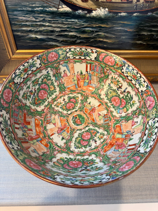 Vintage Rose Medallion 12” Large Hand Painted Punch Bowl with Wood Base Excellent Condition